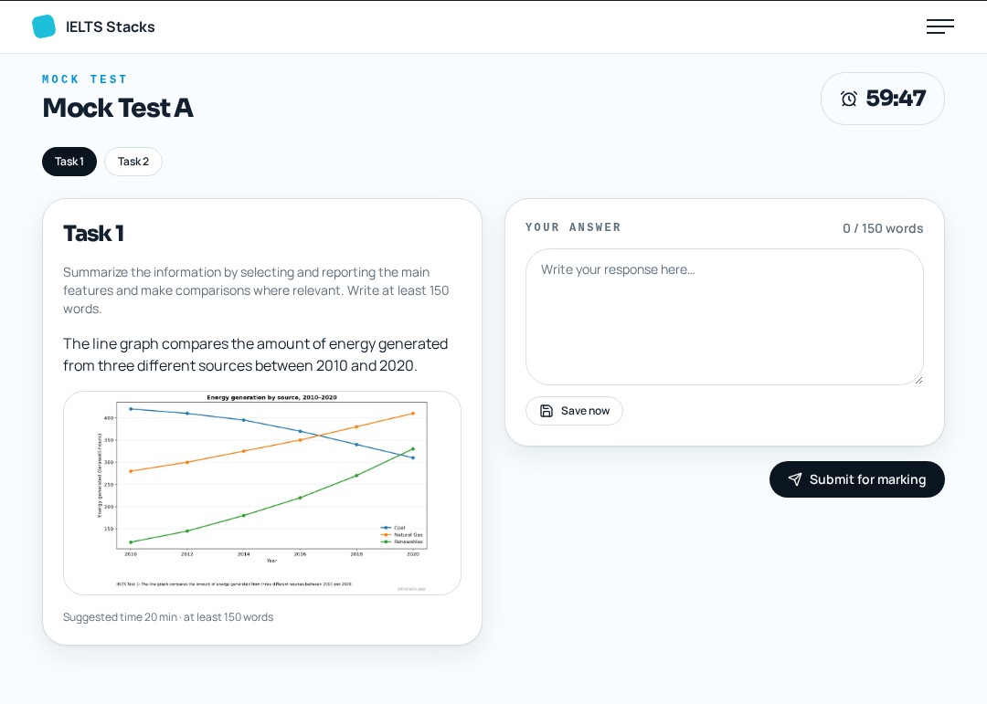 Illustrative mock test screen with an exam timer and a writing response area